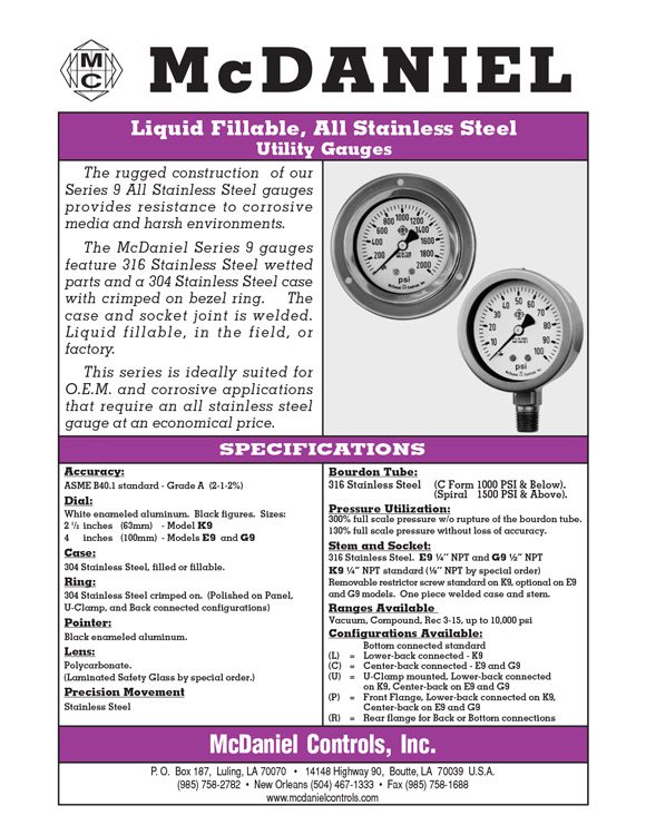 McDaniel Controls-Liquid Fillable Stainless Steel Utility Gauge Brochure