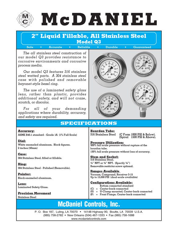 McDaniel Controls-Q3 Liquid Fillable Stainless Steel Utility Gauge Brochure